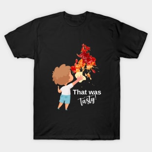 funny design with ketchup stain and kid, for dark background T-Shirt